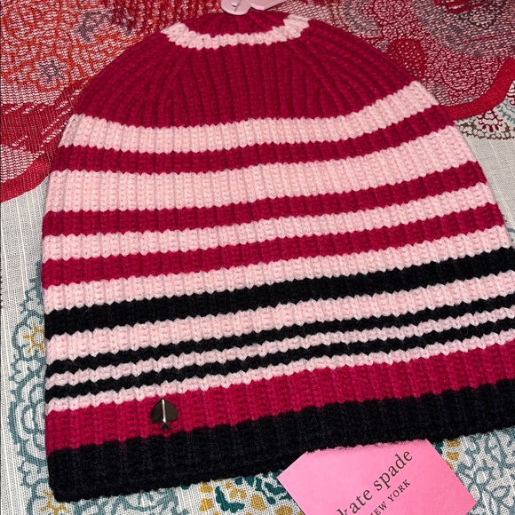 Kate Spade Pink and Black Striped Beanie and Gloves - Picture 3 of 10
